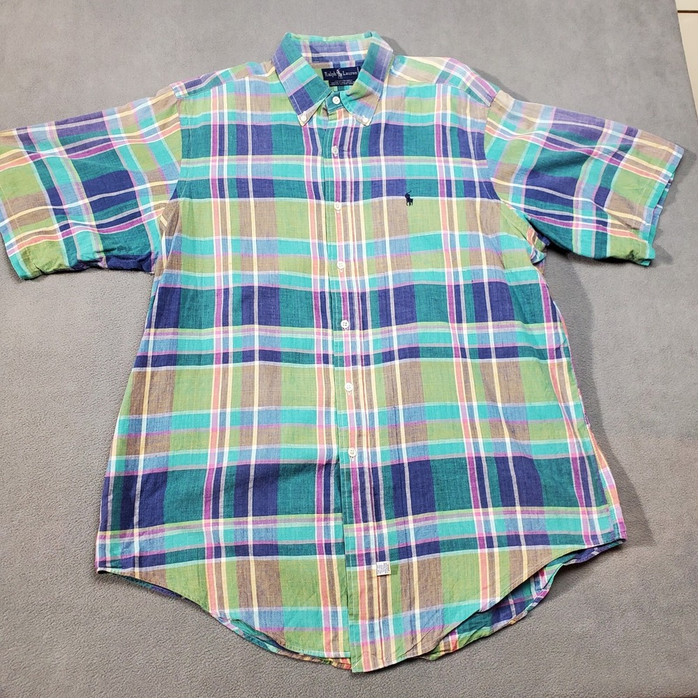 Ralph Lauren Shirt Mens Size XL Blue Pink Indian Madras Plaid Short Sleeve